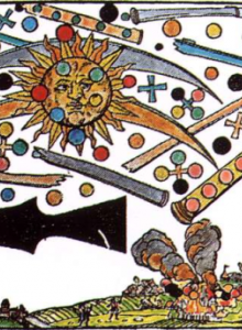 Étranges phénomènes dans le ciel Nuremberg, 14 avril 1561. Miniature de H. Glaser (Bibliothèque de Zurich)